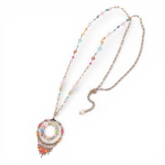 Sautoir bohème chic Hypnochic avec pendentif cercle brodé, perles multicolores, fleurs et œil protecteur – collection Marée Dorée