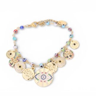 Bracelet doré multi-charmes œil protecteur et perles colorées – bijou bohème chic
