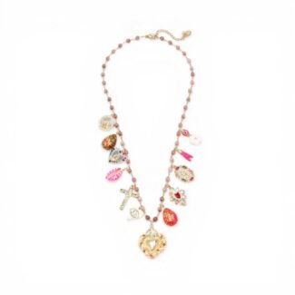 Collier Ex Voto Sacré charms rosario pink blush en perles délicates avec pendentif cœur sacré doré