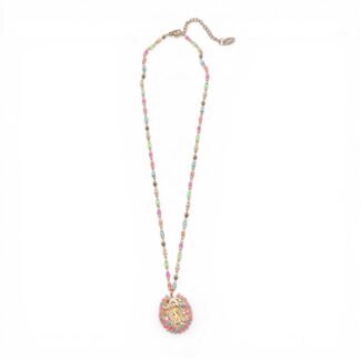Collier Marie Rosario pastel sunrise en perles multicolores avec médaille vierge Marie au style solaire