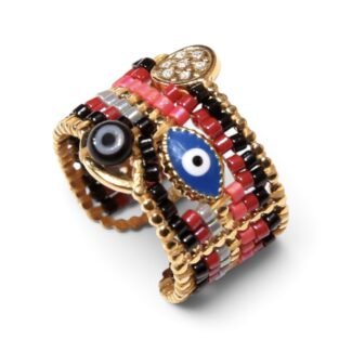 Bague Mykonos tissée de perles rouges, fuchsia et noires, ornée d’un œil bleu et d’un œil noir