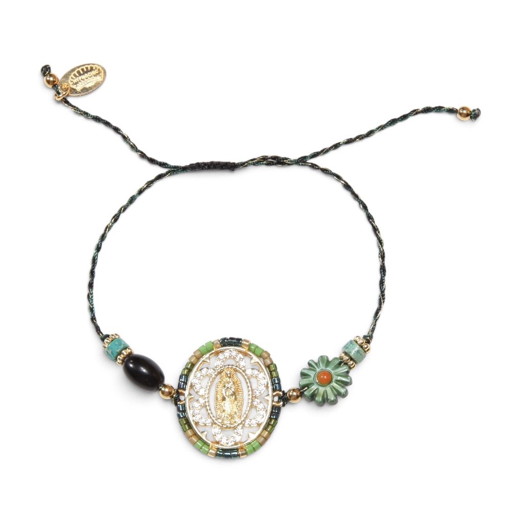 Bracelet Aura Sacrée Vert Forêt, cordon vert foncé, médaille dorée et fleur verte