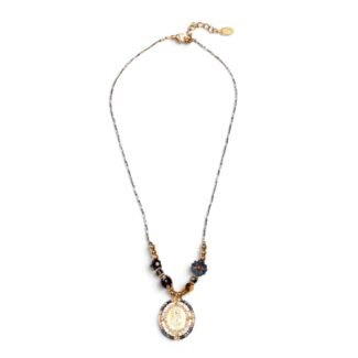 Collier Aura Noir Ivoire à cordon noir et blanc, perles foncées et médaille ovale dorée de la Vierge