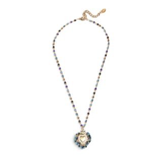 Collier Ex Voto Sacré Rosario Bleu Nuit, perles bleu foncé et turquoise avec pendentif cœur sacré doré