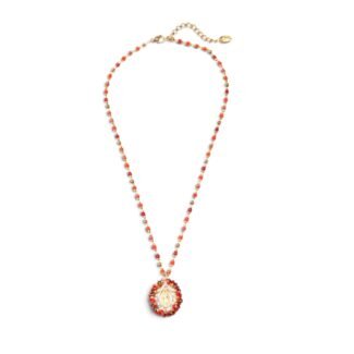Collier Marie Rosario Rouge Passion, perles rouges et corail avec pendentif doré représentant la Vierge Marie