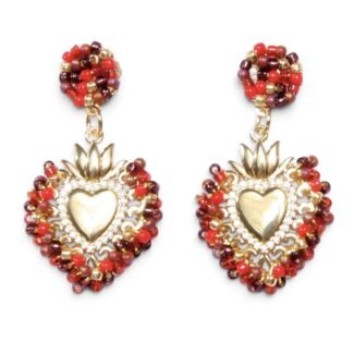 Boucles d’oreilles Ex Voto Rosario Rouge Passion, cœur doré entouré de perles rouges, bordeaux et dorées