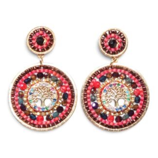 Boucles d’oreilles Arbre de Vie Mini Rouge Rubis, médaillons perlés rouges et roses avec arbre de vie doré