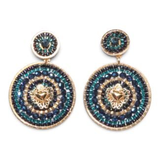 Boucles d’oreilles Ex Voto Sacrée Mini Bleu Pétrole, perles bleu foncé et turquoise avec cœur sacré doré